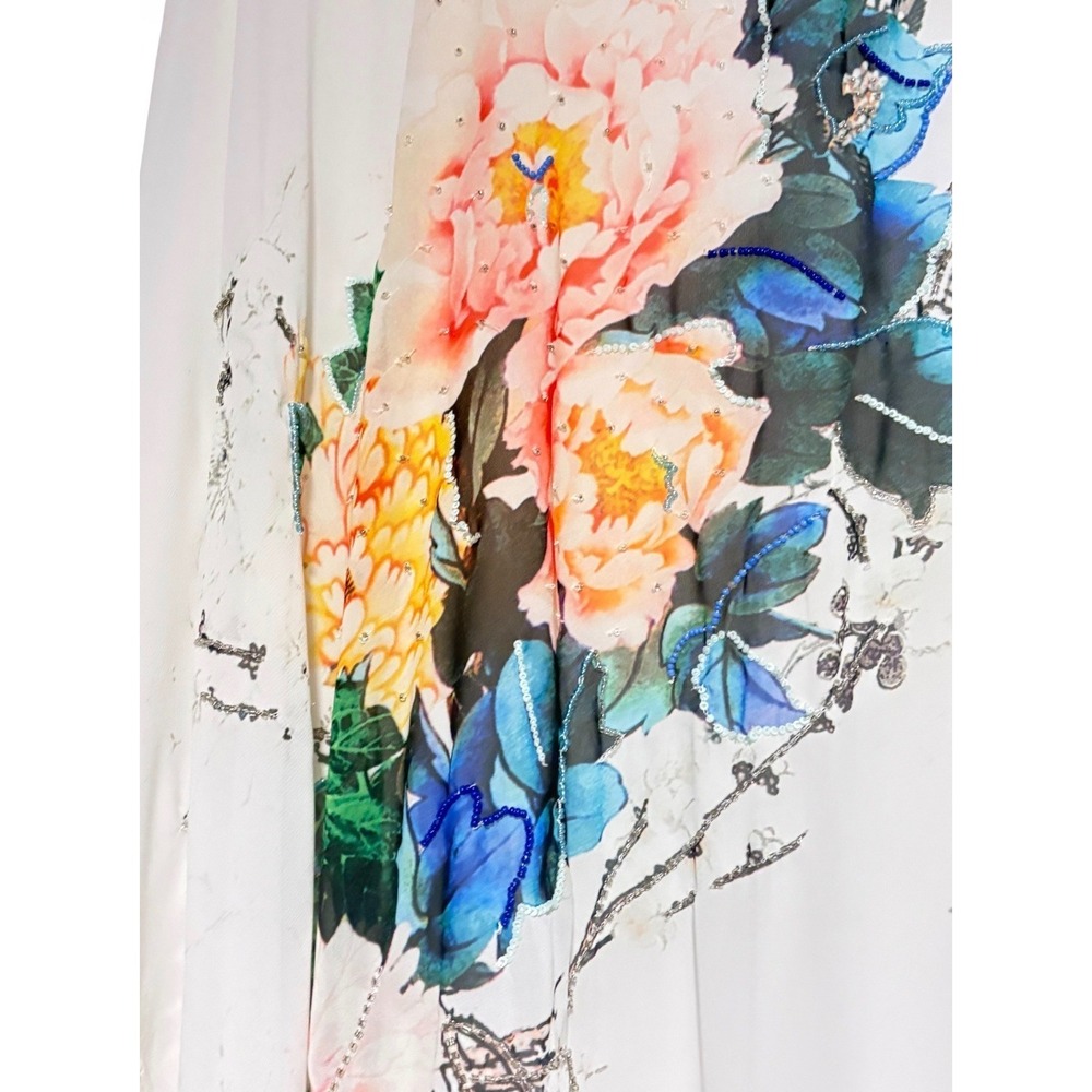 Chico's Boho Kimono Style Floral White Poncho Blouse Macrame Fringe - One Size - Picture 3 of 6